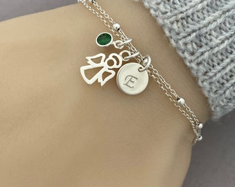 Adjustable Personalized Angel Bracelet, Sterling Silver Birthstone And Initial Bracelet