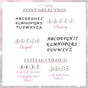 May include: A graphic showing two font styles for personalized jewelry: "Modern" and "Elegant".  The image also shows two options for the initial color: black or silver.