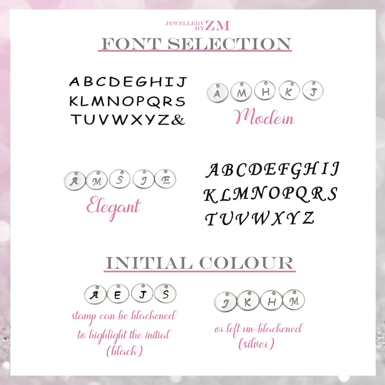 May include: A graphic showing two font styles for personalized jewelry: "Modern" and "Elegant".  The image also shows two options for the initial color: black or silver.