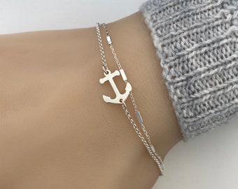 Delicate Sterling Silver Double Chain Anchor Bracelet, Adjustable bracelet