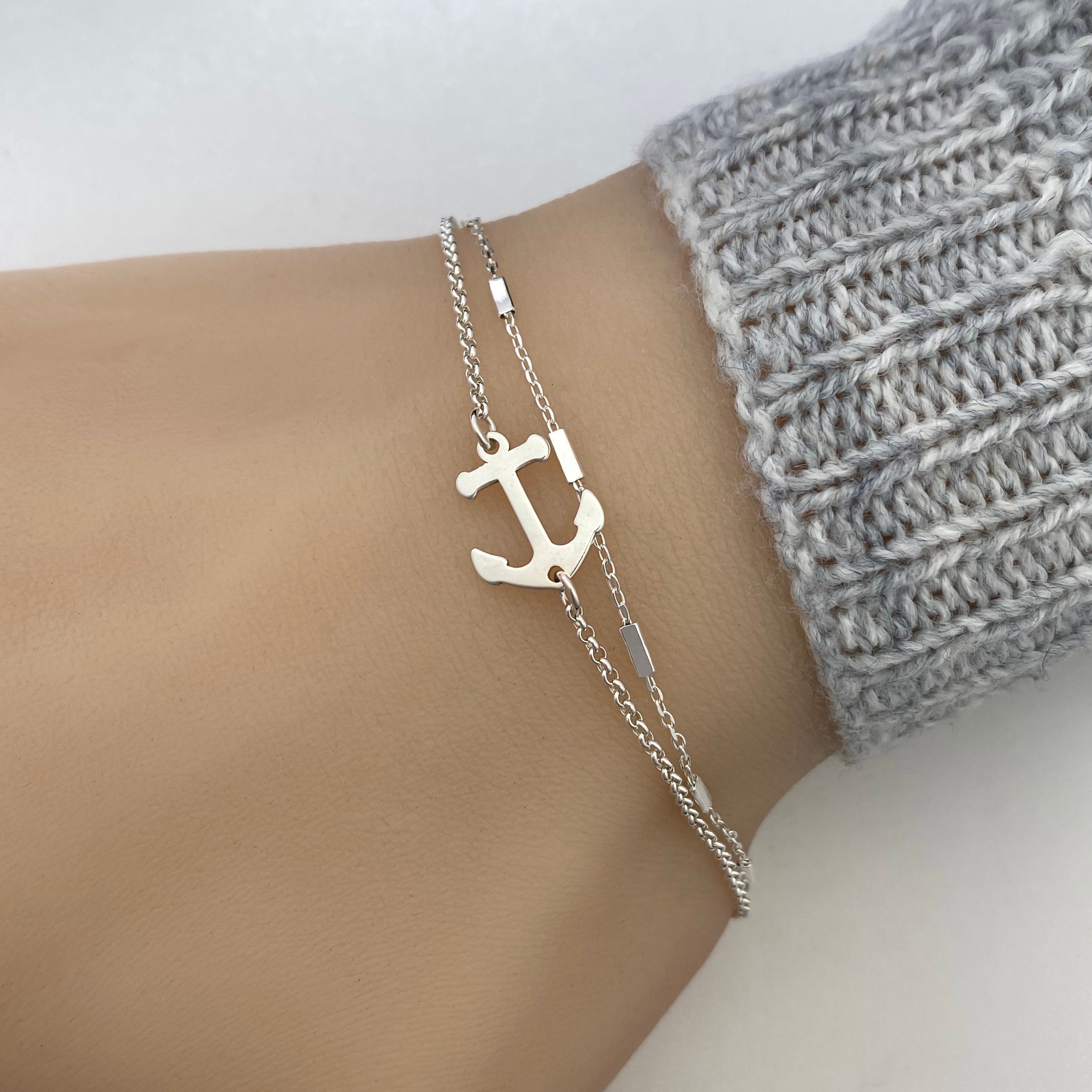 Delicate Sterling Silver Double Chain Anchor Bracelet, Adjustable 
