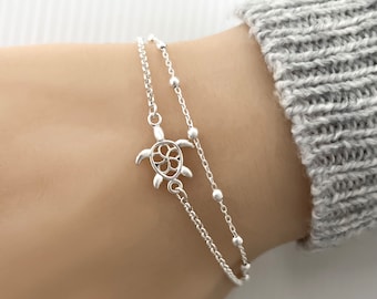 Sterling Silver Double Chain Turtle Bracelet or Anklet