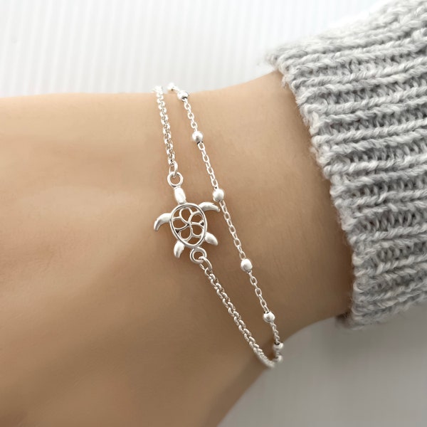 Doppelkette-Schildkröten-Armband oder Fußkettchen aus Sterlingsilber