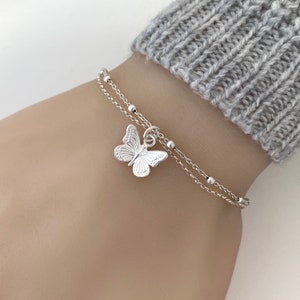 925 Sterling Silver Butterfly Bracelet Adjustable Double Chain Butterfly Bracelet image 1