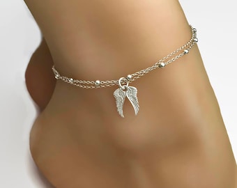 Sterling Silver Angel Wing Anklet: Double Layer Beach Jewelry