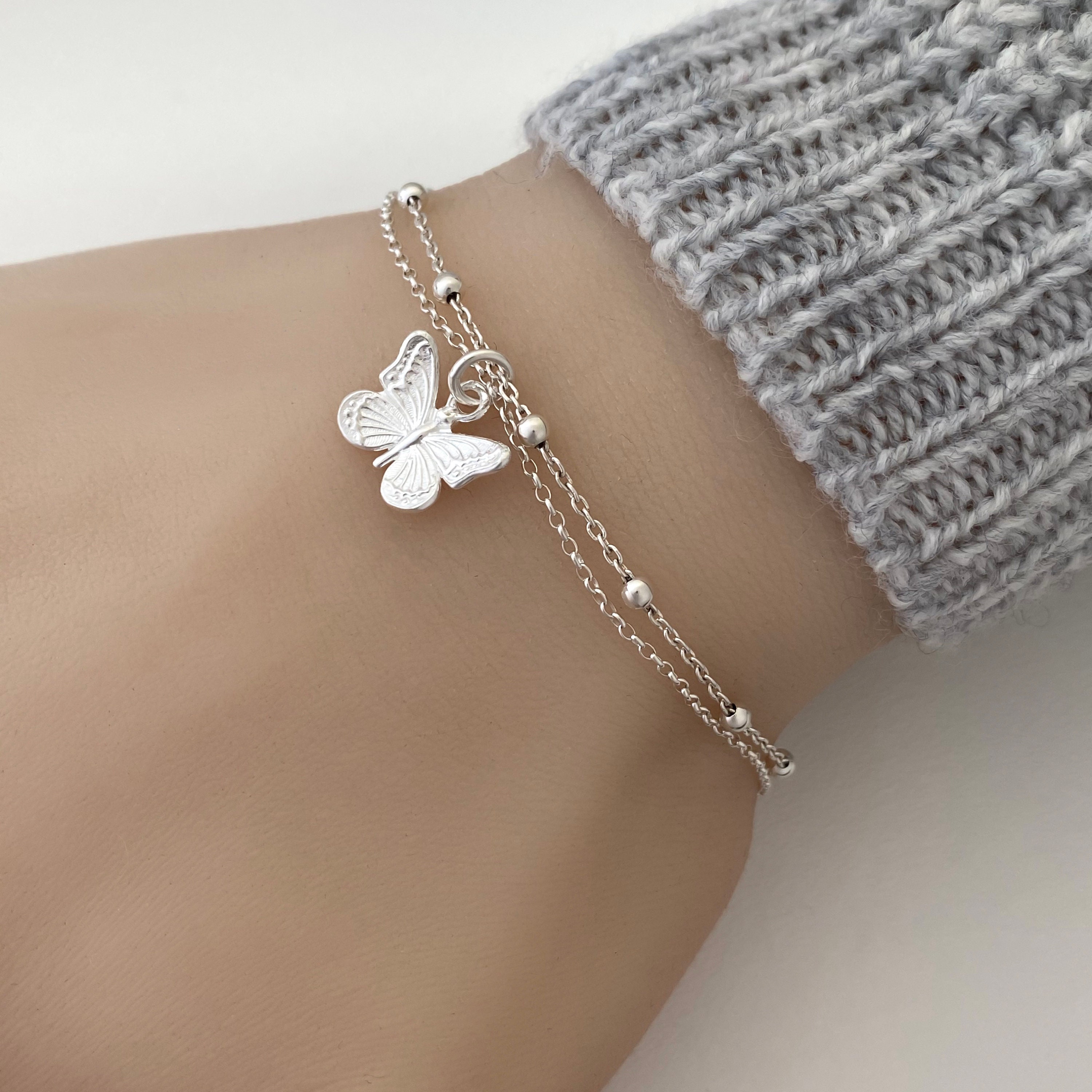 925 Sterling Silver Butterfly Bracelet Adjustable Double Etsy