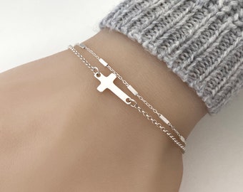 Layering Cross Bracelet in Sterling Silver - Solid 925 Sterling Silver Adjustable Double Chain Cross Bracelet