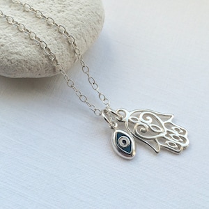 Hamsa Hand and Evil Eye Necklace in Sterling Silver - Hand of Fatima Necklace
