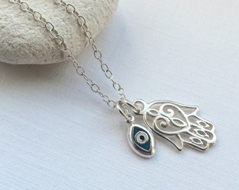 Hamsa Hand and Evil Eye Necklace in Sterling Silver - Hand of Fatima Necklace