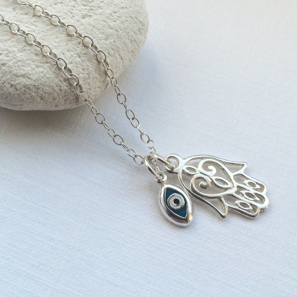 Hamsa Hand and Evil Eye Necklace in Sterling Silver - Hand of Fatima Necklace