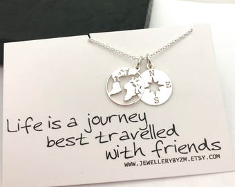 Best Friend Gift - Sterling Silver Compass and World Map Necklace - Friendship Necklace - Life is a Journey - Sentiment Card