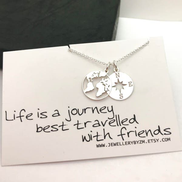 Cadeau du meilleur ami - Boussole en argent sterling et collier de carte du monde - Collier d'amitié - La vie est un voyage - Carte de sentiment