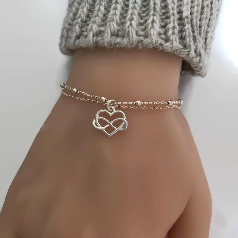 Infinity Love Bracelet, Sterling Silver Infinity Heart Bracelet, Endless Love, Double Layering Bracelet, Gift for Mom, Mothers day gift image 2