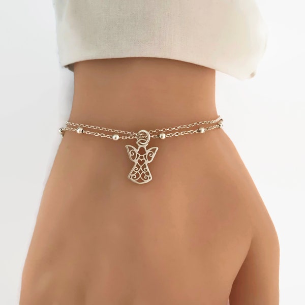 Sterling Silber Schutzengel Armband - Verstellbares Armband - Doppelte Kette Tiny Angel Armband in Sterling Silber