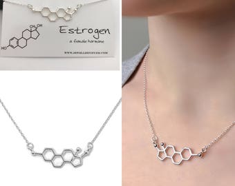 Sterling Silver Estrogen Necklace - Estrogen Molecule, Science Jewellery, Chemistry Jewellery, Molecule Necklace