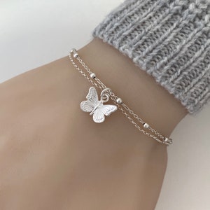 925 Sterling Silver Butterfly Bracelet Adjustable Double Chain Butterfly Bracelet image 6