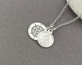 Sterling Silver Travellers Necklace - Protection Necklace, Saint Christopher and Compass Charm Necklace