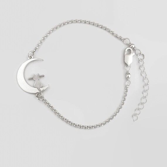 Sterling Silver Cat on the Moon Bracelet, Adjustable