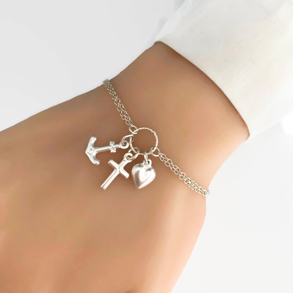 Faith Hope Charity Bracelet - Adjustable Sterling Silver Anchor Cross Heart Bracelet