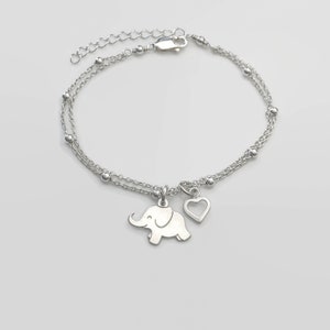 Silver Lucky Baby Elephant Bracelet, Adjustable Personalized Elephant Bracelet in Sterling Silver Personalized gift Elephant+Heart