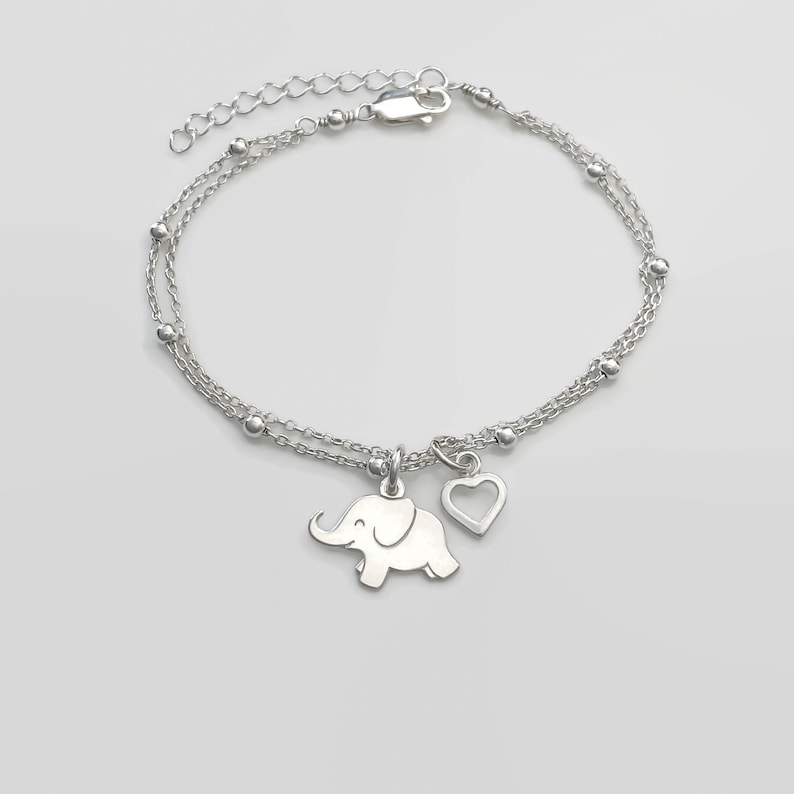 Silver Lucky Baby Elephant Bracelet, Adjustable Personalized Elephant Bracelet in Sterling Silver Personalized gift Elephant+Heart