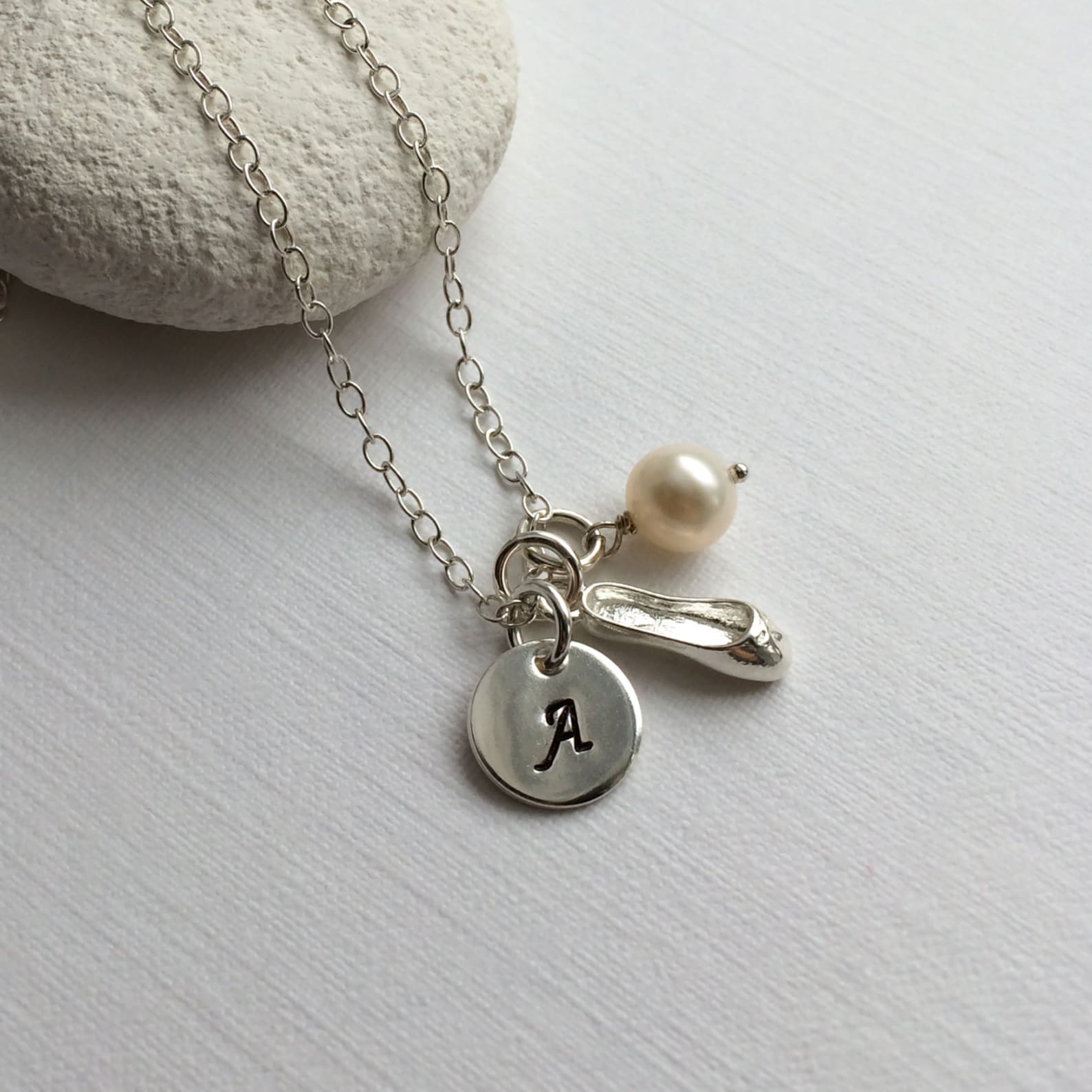 sterling silver personalized ballet shoe necklace - personalize silver necklace, ballet shoe necklace