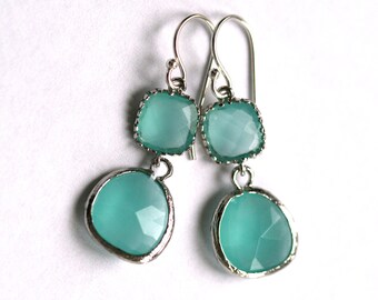 Mint Opal Glass Sterling Silver Earrings