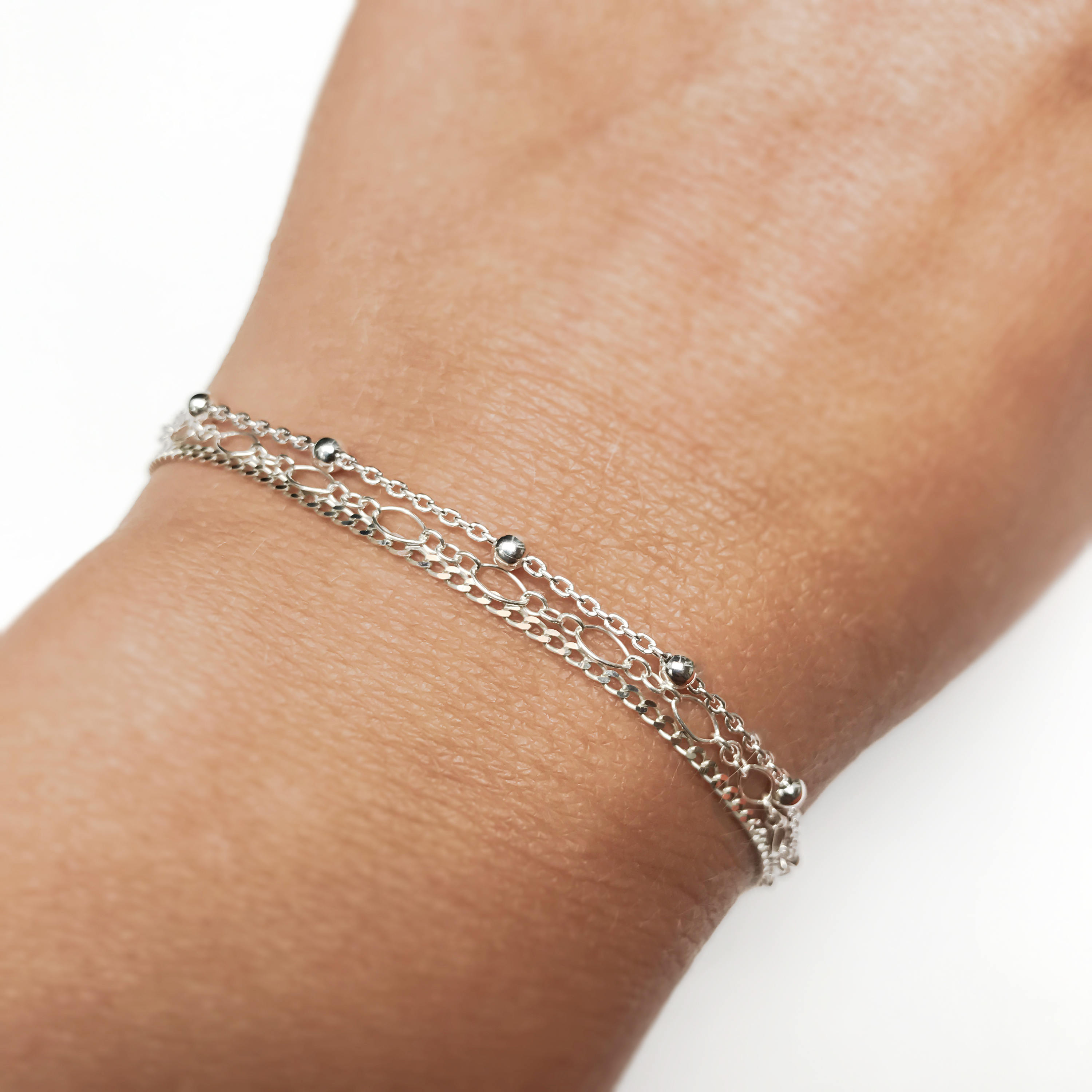 Triple Layered Dainty Chain Sterling Silver Bracelet