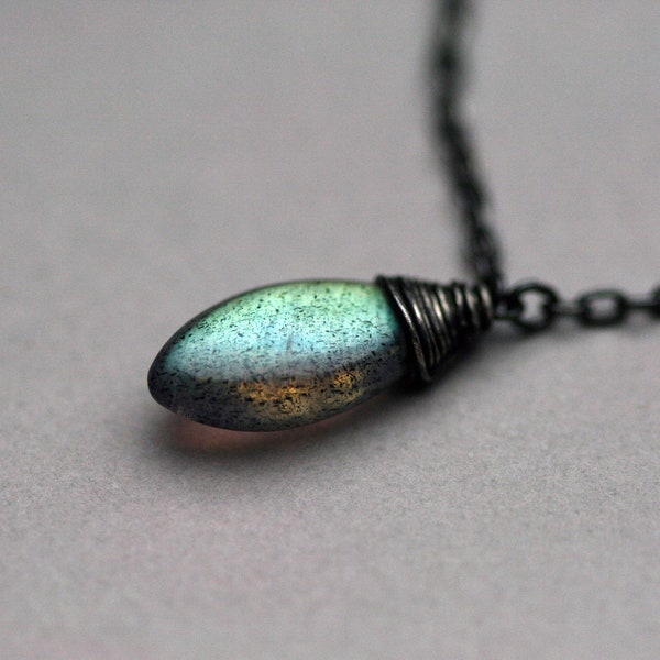 Flashy Smooth Labradorite Oxidized Sterling Silver Necklace