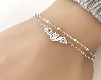 Sterling Silver Bat Bracelet - Double Chain Adjustable Bat Bracelet