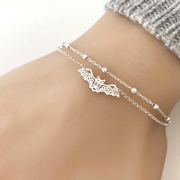 Pulsera de murciélago de plata de ley - Pulsera de murciélago ajustable de doble cadena