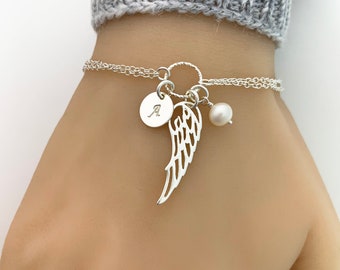 Personalized Angel Wing Bracelet in Sterling Silver - Adjustable Personalized Bracelet