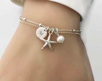 Personalized Starfish Bracelet in Sterling Silver - Beach Bracelet, Beach Wedding, Bridesmaid Gift, Nautical bracelet