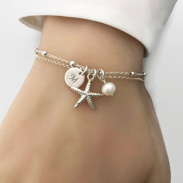 Personalized Starfish Bracelet in Sterling Silver - Beach Bracelet, Beach Wedding, Bridesmaid Gift, Nautical bracelet