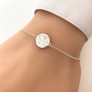 Bracelet globe en argent sterling, bracelet réglable, carte du monde, cadeau bijoux de voyage, cadeau de remise des diplômes, envie de voyager, bracelet en argent