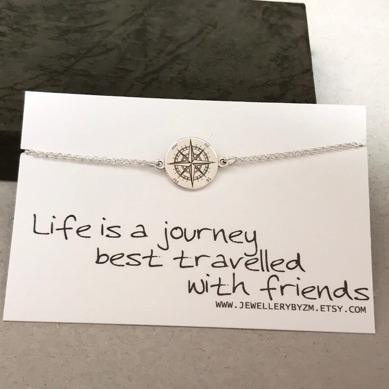Sentiment Card Best Friend Gift Life is a Journey Friendship Bracelet Sterling Silver Compass Bracelet
