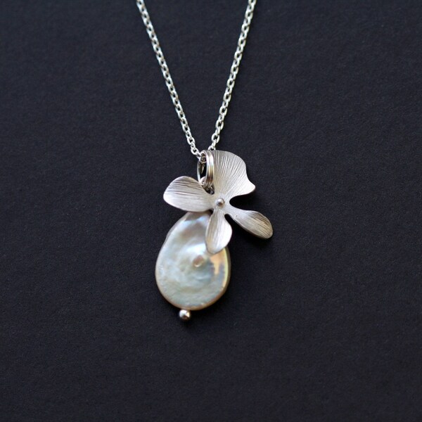 Orchid Flower And White Pearl Sterling Silver Necklace