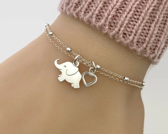 Silver Lucky Baby Elephant Bracelet, Adjustable Personalized Elephant Bracelet in Sterling Silver - Personalized gift