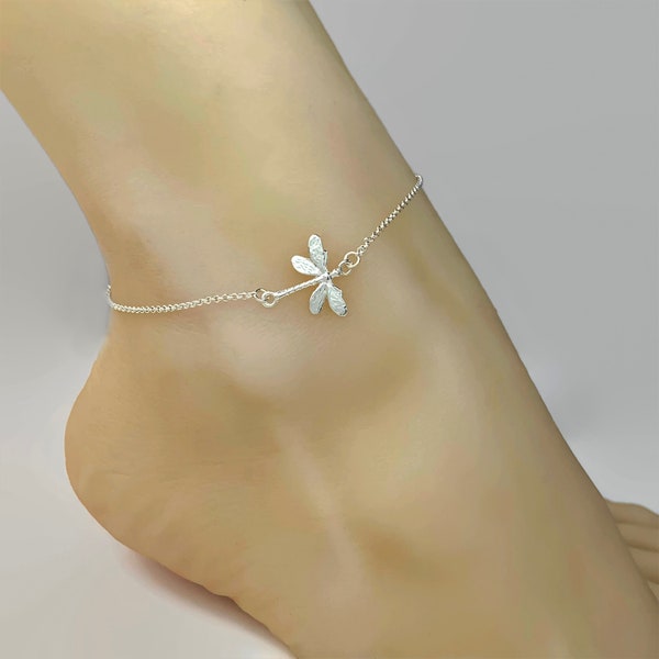 Sterling Silver Anklet with Elegant Crystal Blue Dragonfly