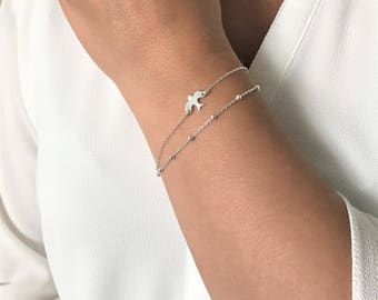 Soar Bird Bracelet, Layering Dove Sterling Silver Bracelet, Adjustable Double Chain Bird Bracelet