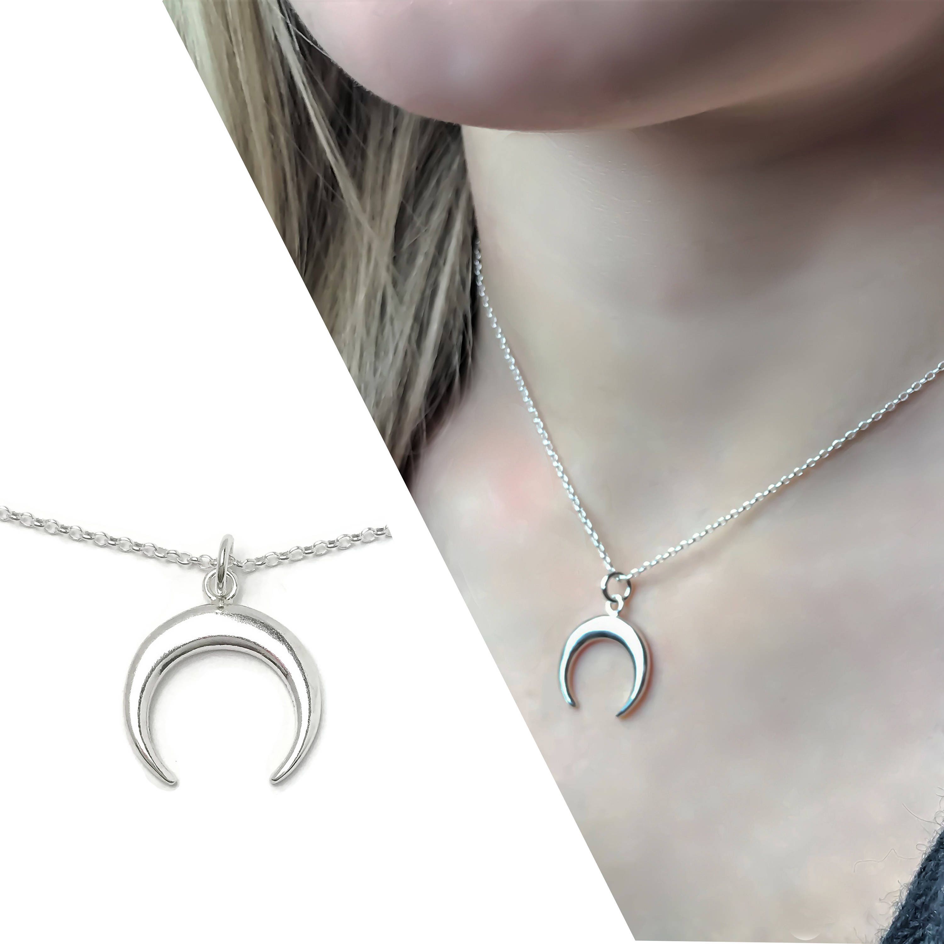Sterling Silver Moon Necklace, Crescent Moon Charm, Upside Down Moon  Necklace