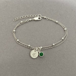 Personalized Sterling Silver Birthstone and Initial Bracelet Adjustable Bracelet, Personalized jewelry zdjęcie 2