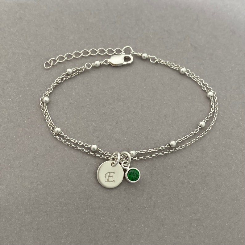 Personalized Sterling Silver Birthstone and Initial Bracelet Adjustable Bracelet, Personalized jewelry zdjęcie 2