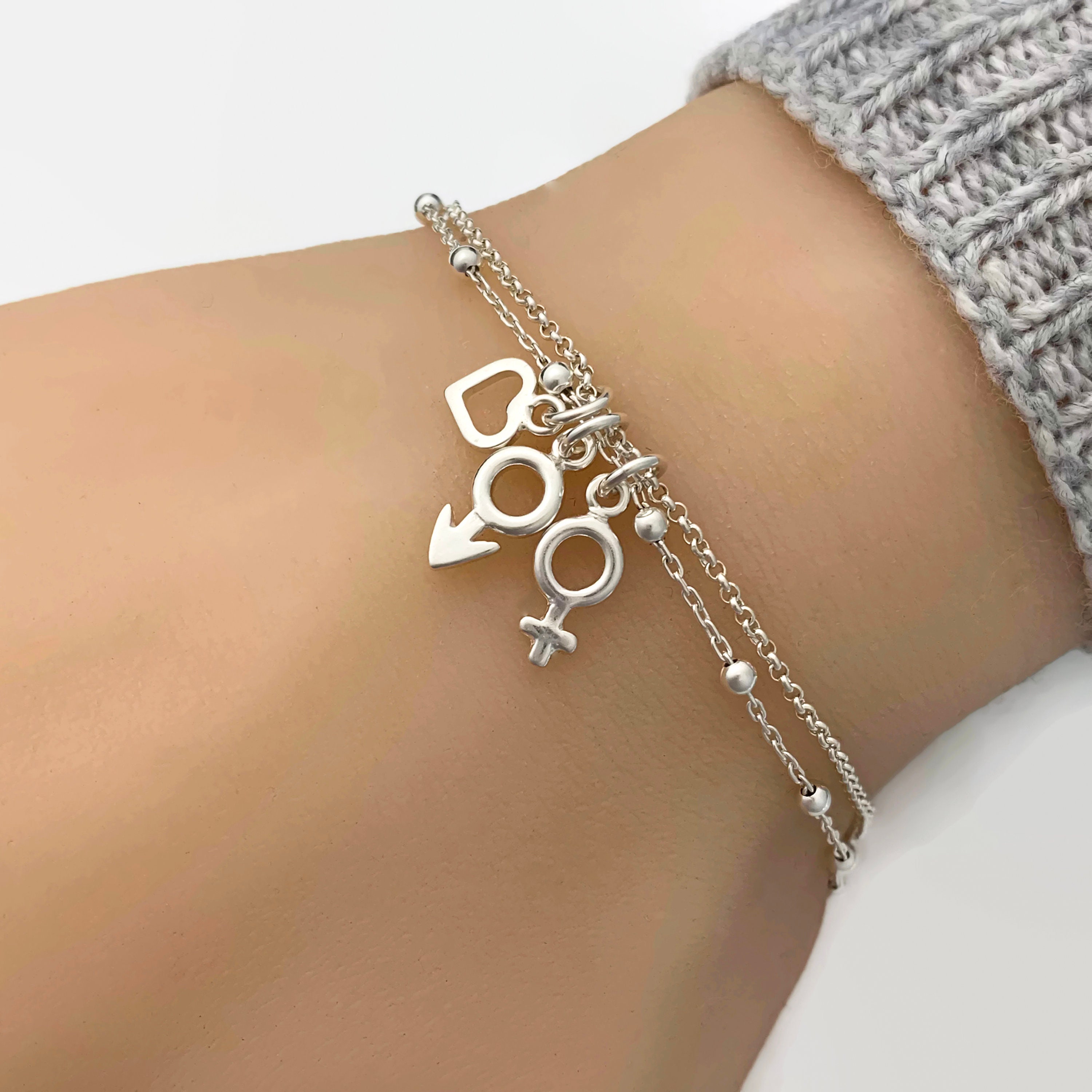 Sterling Silver Venus Mars Symbol Bracelet, Female Male