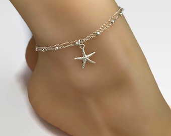 Sterling Silver Starfish Anklet, Layering Starfish Anklet, Adjustable anklet, Beach wedding, Wedding jewelry