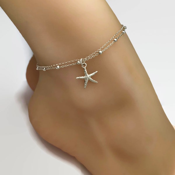 Sterling Silver Starfish Anklet, Layering Starfish Anklet, Adjustable anklet, Beach wedding, Wedding jewelry