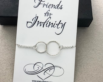 Best Friends Necklace, Two Entwined Tiny Circles Sterling Silver Necklace - Infinity Necklace - Friends for Infinity - Message Card