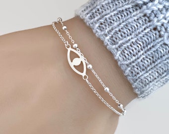 Bracelet Lucky Eye - Bracelet Double Chaîne En Argent Sterling - Bracelet Evil Eye - Bracelet Talisman Réglable