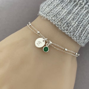 Personalized Sterling Silver Birthstone and Initial Bracelet Adjustable Bracelet, Personalized jewelry zdjęcie 1