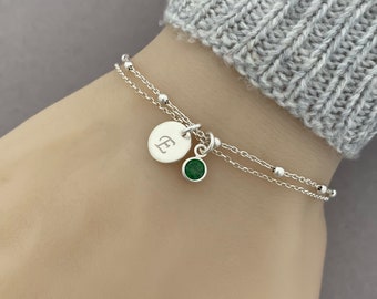 Personalized Sterling Silver Birthstone and Initial Bracelet - Adjustable Bracelet, Personalized jewelry